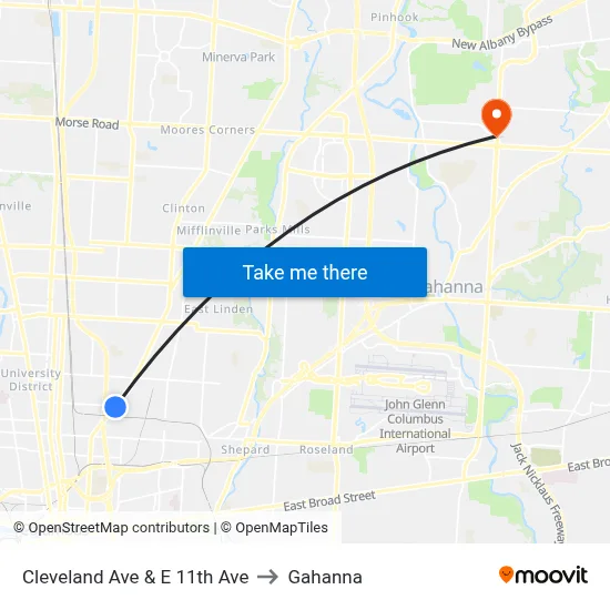Cleveland Ave & E 11th Ave to Gahanna map