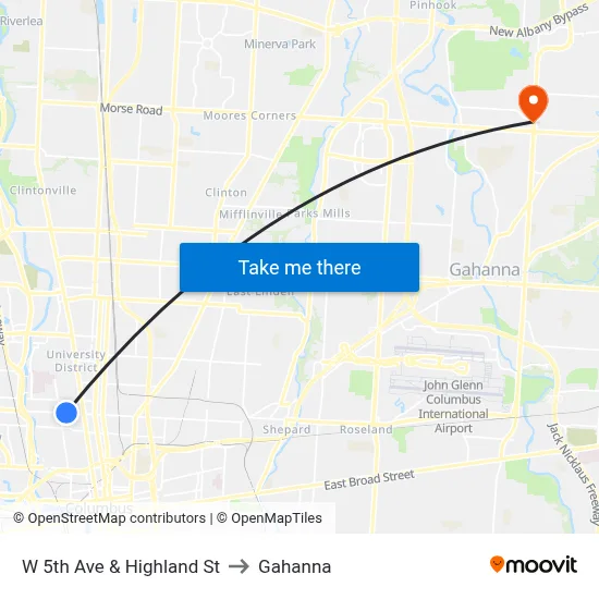 W 5th Ave & Highland St to Gahanna map
