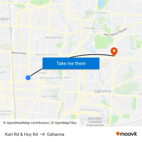 Karl Rd & Huy Rd to Gahanna map