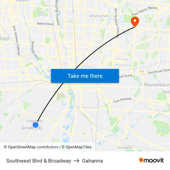 Southwest Blvd & Broadway to Gahanna map