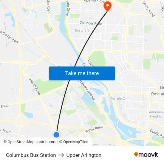 Columbus Bus Station to Upper Arlington map