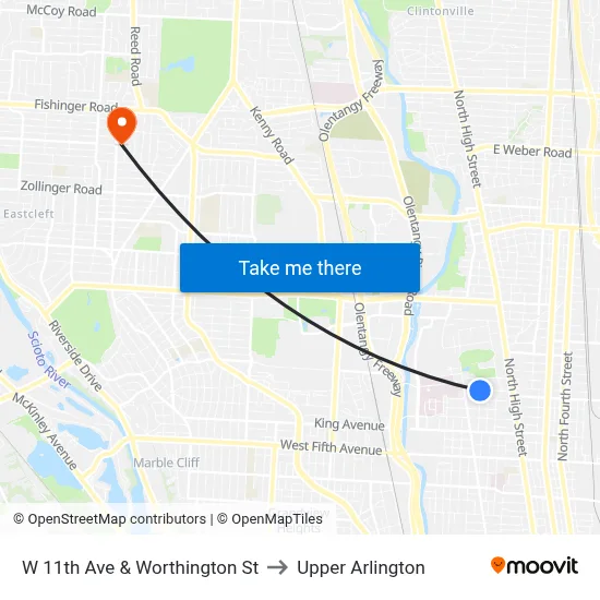 W 11th Ave & Worthington St to Upper Arlington map