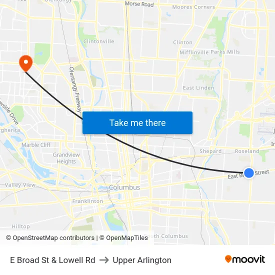 E Broad St & Lowell Rd to Upper Arlington map