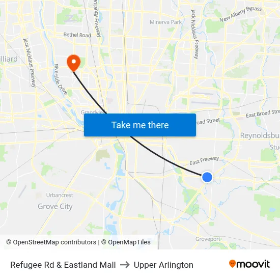 Refugee Rd & Eastland Mall to Upper Arlington map