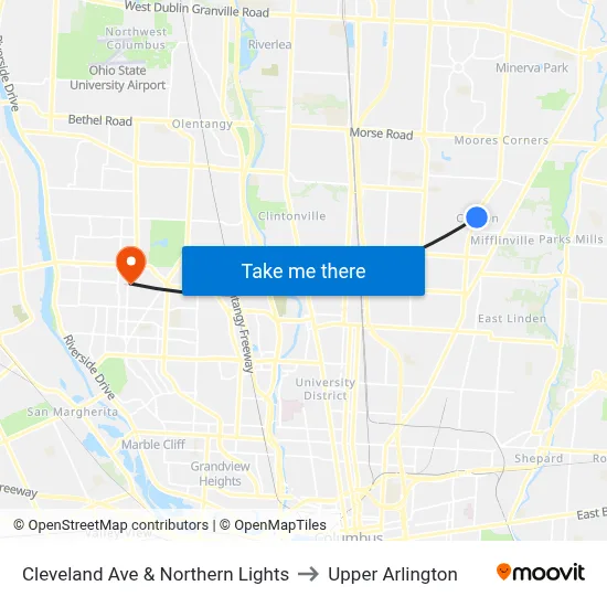 Cleveland Ave & Northern Lights to Upper Arlington map