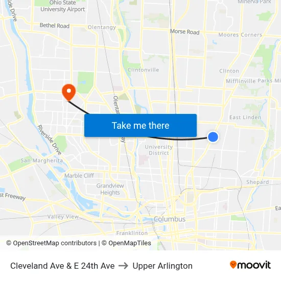 Cleveland Ave & E 24th Ave to Upper Arlington map