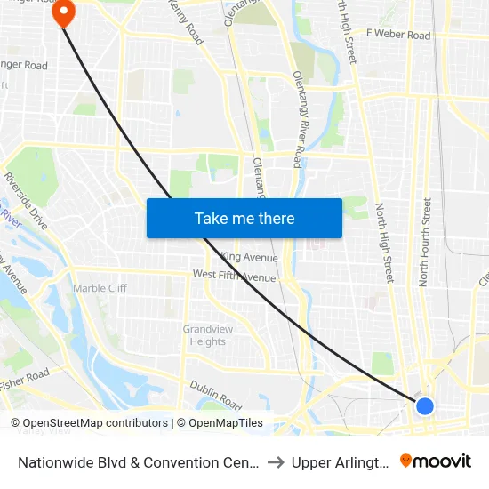 Nationwide Blvd & Convention Center to Upper Arlington map