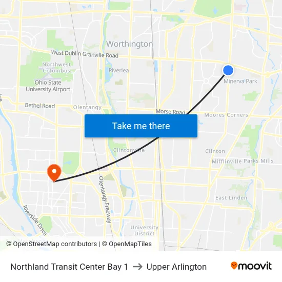 Northland Transit Center Bay 1 to Upper Arlington map