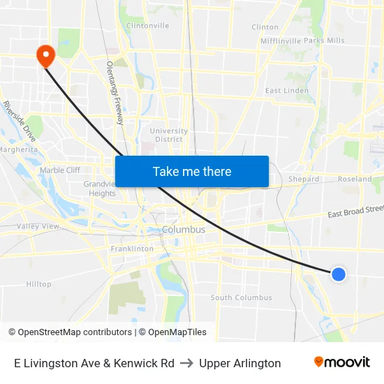 E Livingston Ave & Kenwick Rd to Upper Arlington map