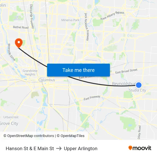 Hanson St & E Main St to Upper Arlington map