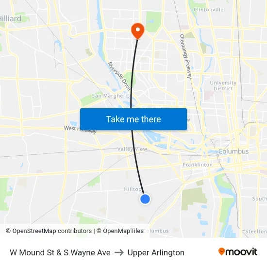 W Mound St & S Wayne Ave to Upper Arlington map