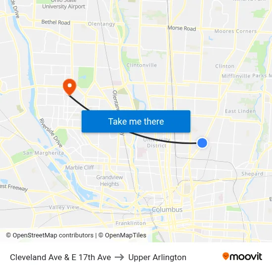 Cleveland Ave & E 17th Ave to Upper Arlington map