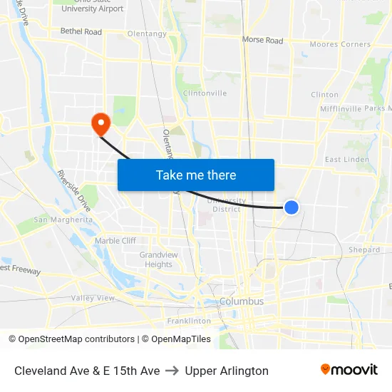 Cleveland Ave & E 15th Ave to Upper Arlington map