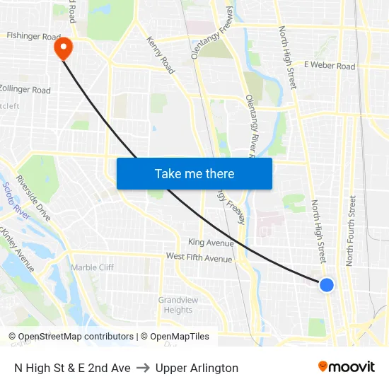 N High St & E 2nd Ave to Upper Arlington map