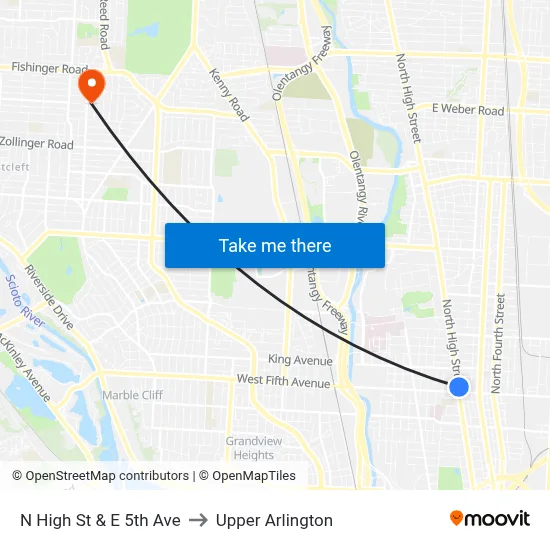 N High St & E 5th Ave to Upper Arlington map