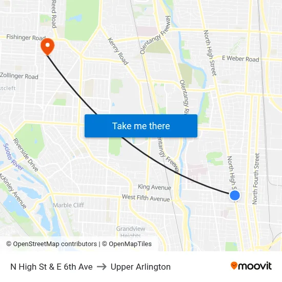 N High St & E 6th Ave to Upper Arlington map