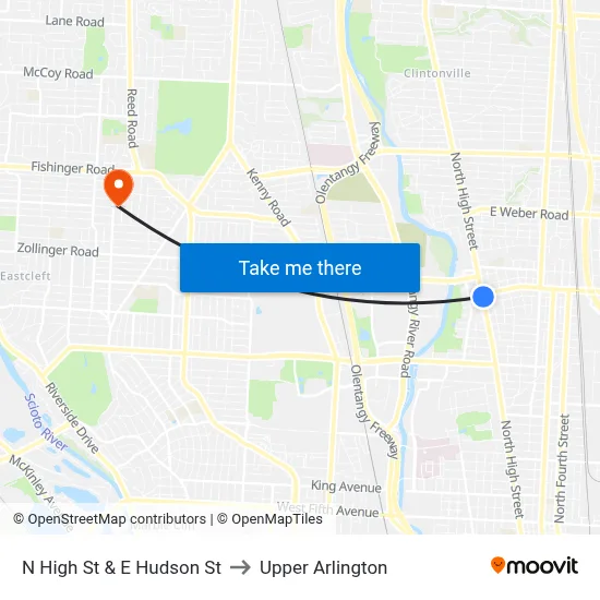 N High St & E Hudson St to Upper Arlington map
