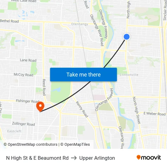 N High St & E Beaumont Rd to Upper Arlington map