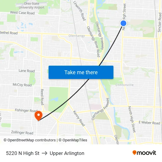5220 N High St to Upper Arlington map