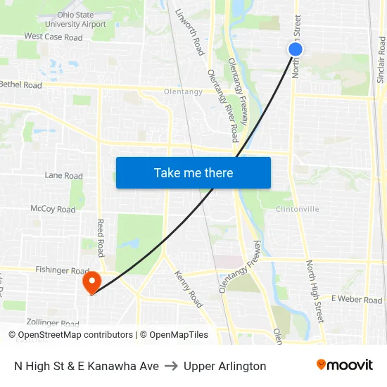 N High St & E Kanawha Ave to Upper Arlington map