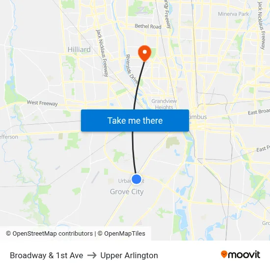 Broadway & 1st Ave to Upper Arlington map