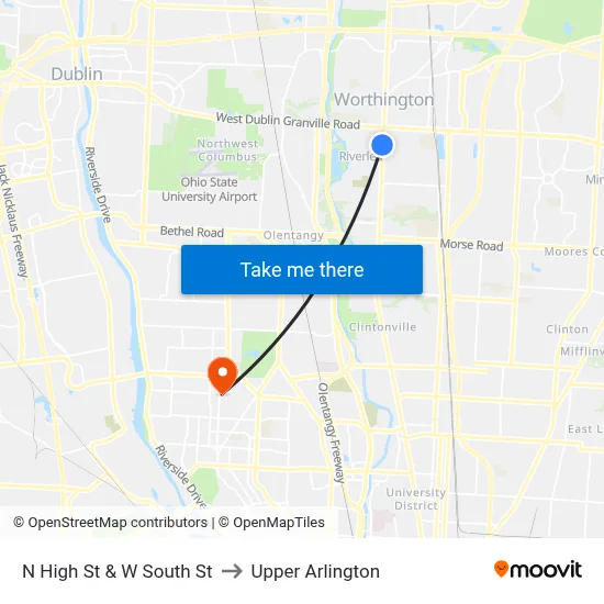 N High St & W South St to Upper Arlington map