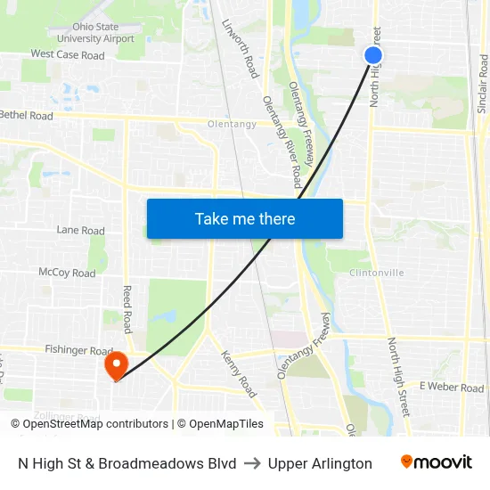 N High St & Broadmeadows Blvd to Upper Arlington map