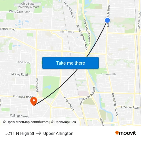5211 N High St to Upper Arlington map