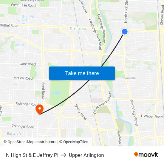 N High St & E Jeffrey Pl to Upper Arlington map