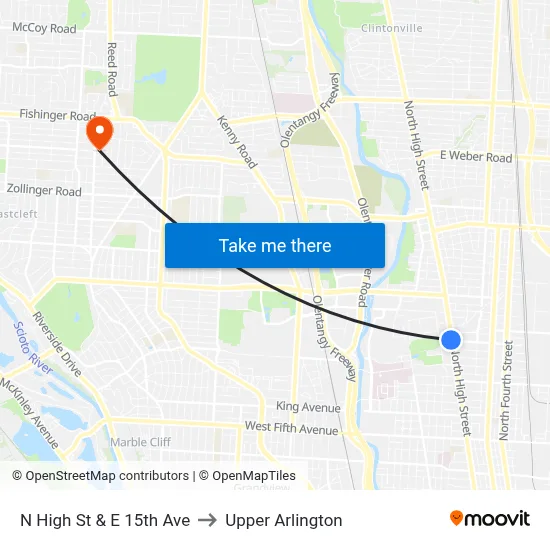 N High St & E 15th Ave to Upper Arlington map