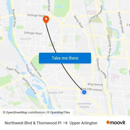 Northwest Blvd & Thornwood Pl to Upper Arlington map