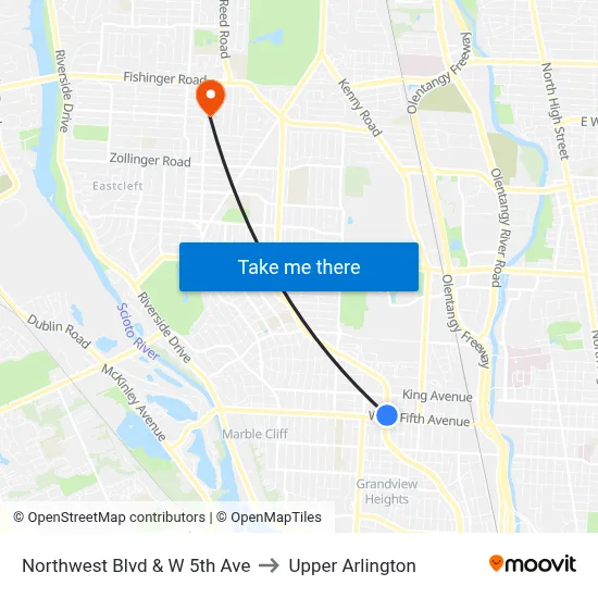 Northwest Blvd & W 5th Ave to Upper Arlington map