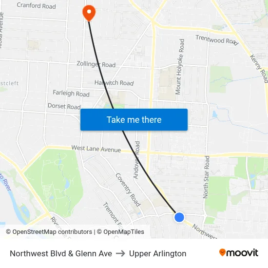 Northwest Blvd & Glenn Ave to Upper Arlington map