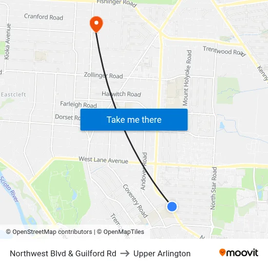 Northwest Blvd & Guilford Rd to Upper Arlington map