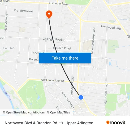 Northwest Blvd & Brandon Rd to Upper Arlington map