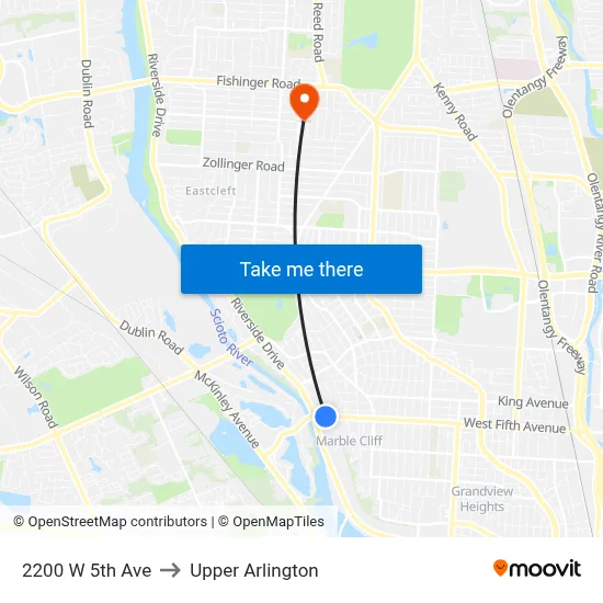 2200 W 5th Ave to Upper Arlington map