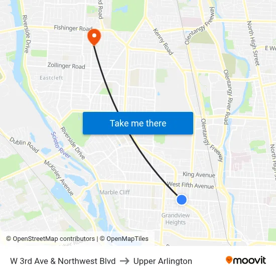 W 3rd Ave & Northwest Blvd to Upper Arlington map
