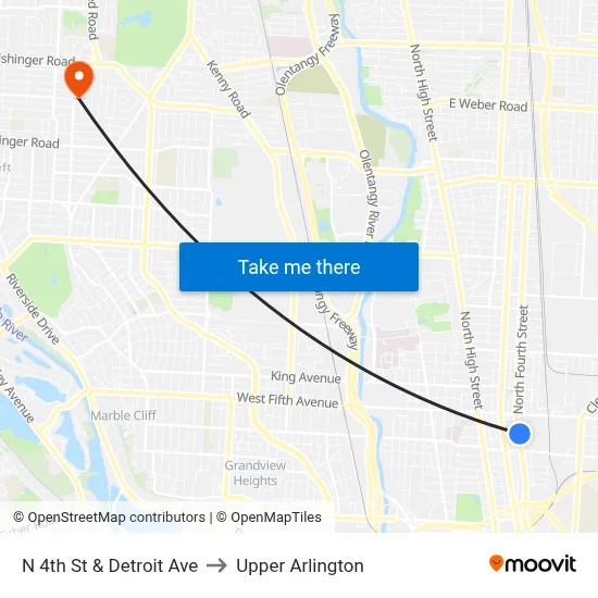 N 4th St & Detroit Ave to Upper Arlington map