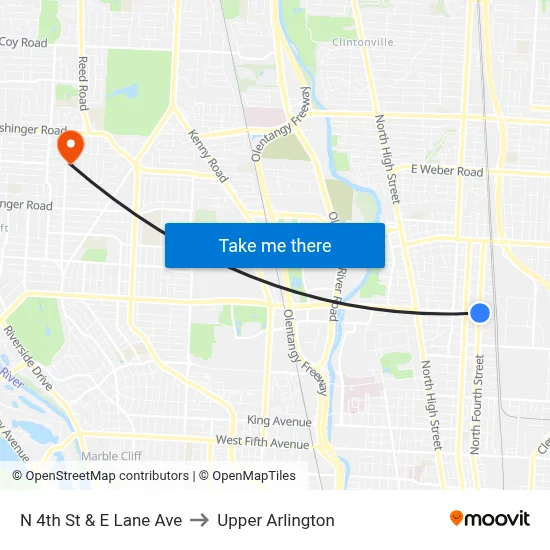 N 4th St & E Lane Ave to Upper Arlington map