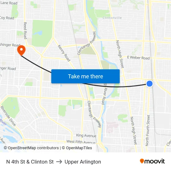 N 4th St & Clinton St to Upper Arlington map