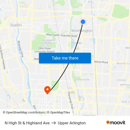 N High St & Highland Ave to Upper Arlington map