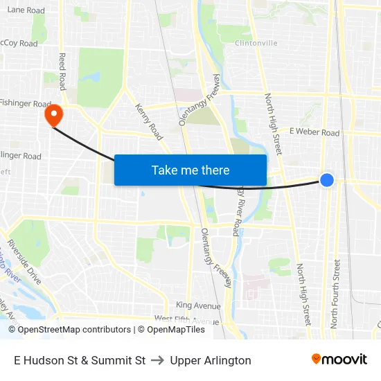 E Hudson St & Summit St to Upper Arlington map