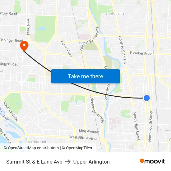 Summit St & E Lane Ave to Upper Arlington map