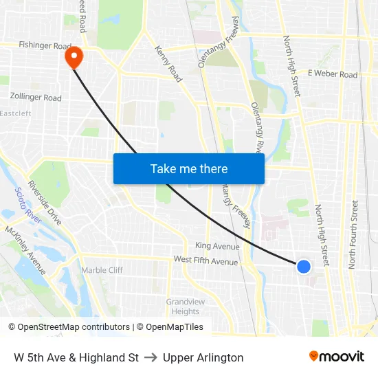 W 5th Ave & Highland St to Upper Arlington map