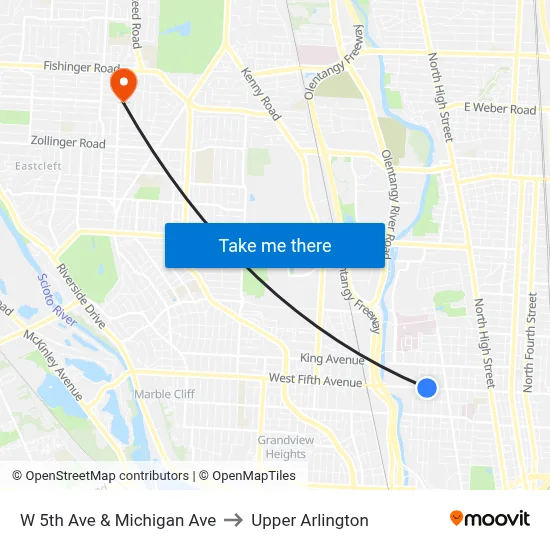 W 5th Ave & Michigan Ave to Upper Arlington map