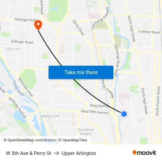 W 5th Ave & Perry St to Upper Arlington map