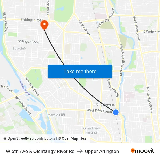 W 5th Ave & Olentangy River Rd to Upper Arlington map