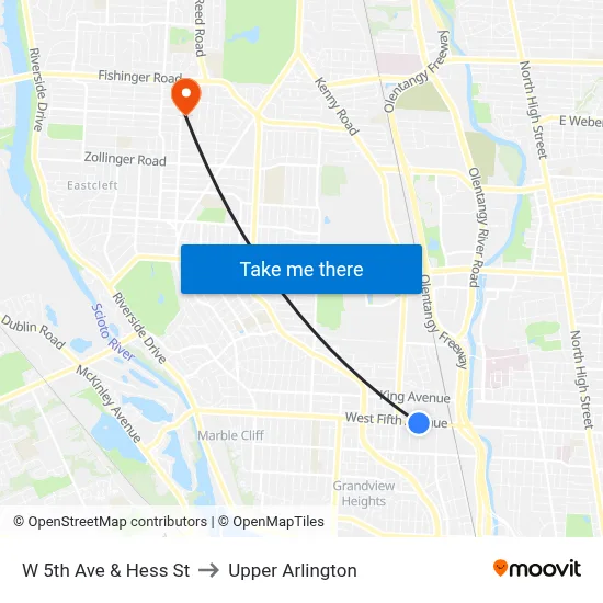 W 5th Ave & Hess St to Upper Arlington map
