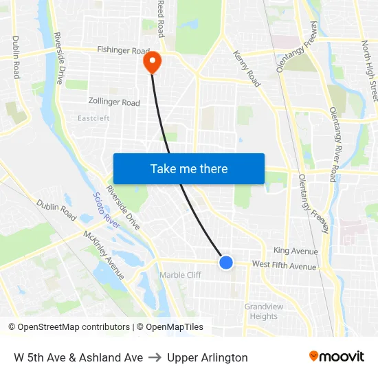 W 5th Ave & Ashland Ave to Upper Arlington map