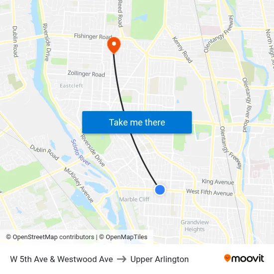 W 5th Ave & Westwood Ave to Upper Arlington map